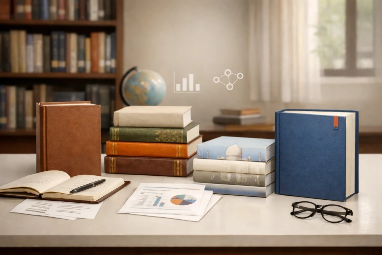 A modern academic workspace showing neatly arranged research monographs, edited volumes, conference proceedings, and reference books on a clean desk with scholarly documents and a library background.